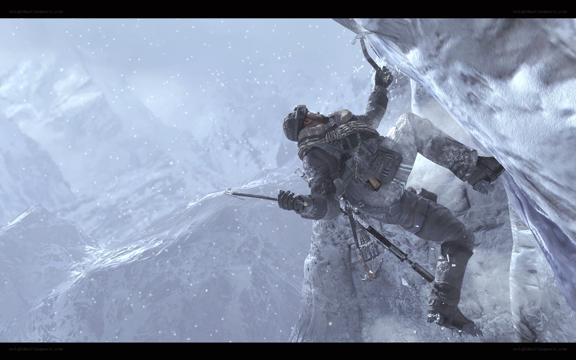 soldier climbing icy cliff