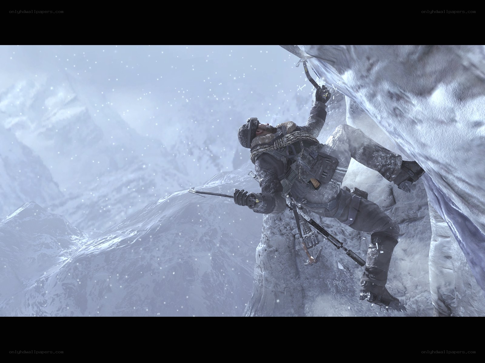 soldier climbing icy cliff