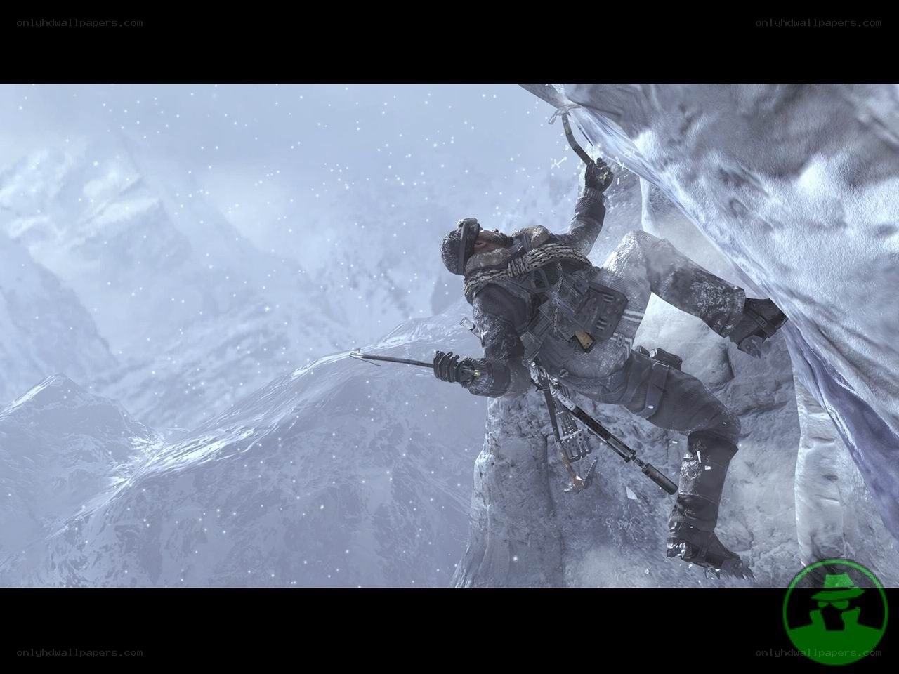 soldier climbing icy cliff