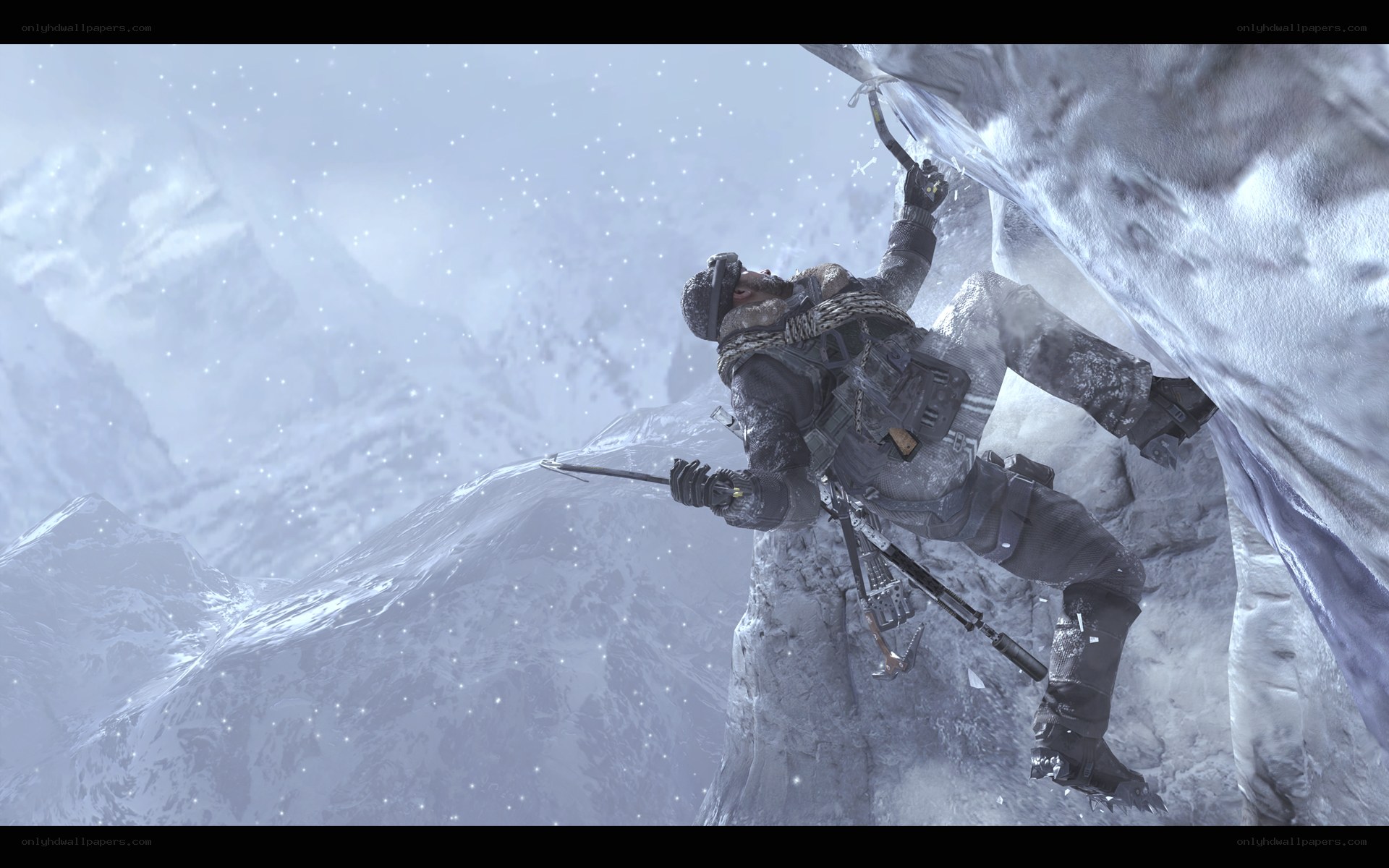 soldier climbing icy cliff