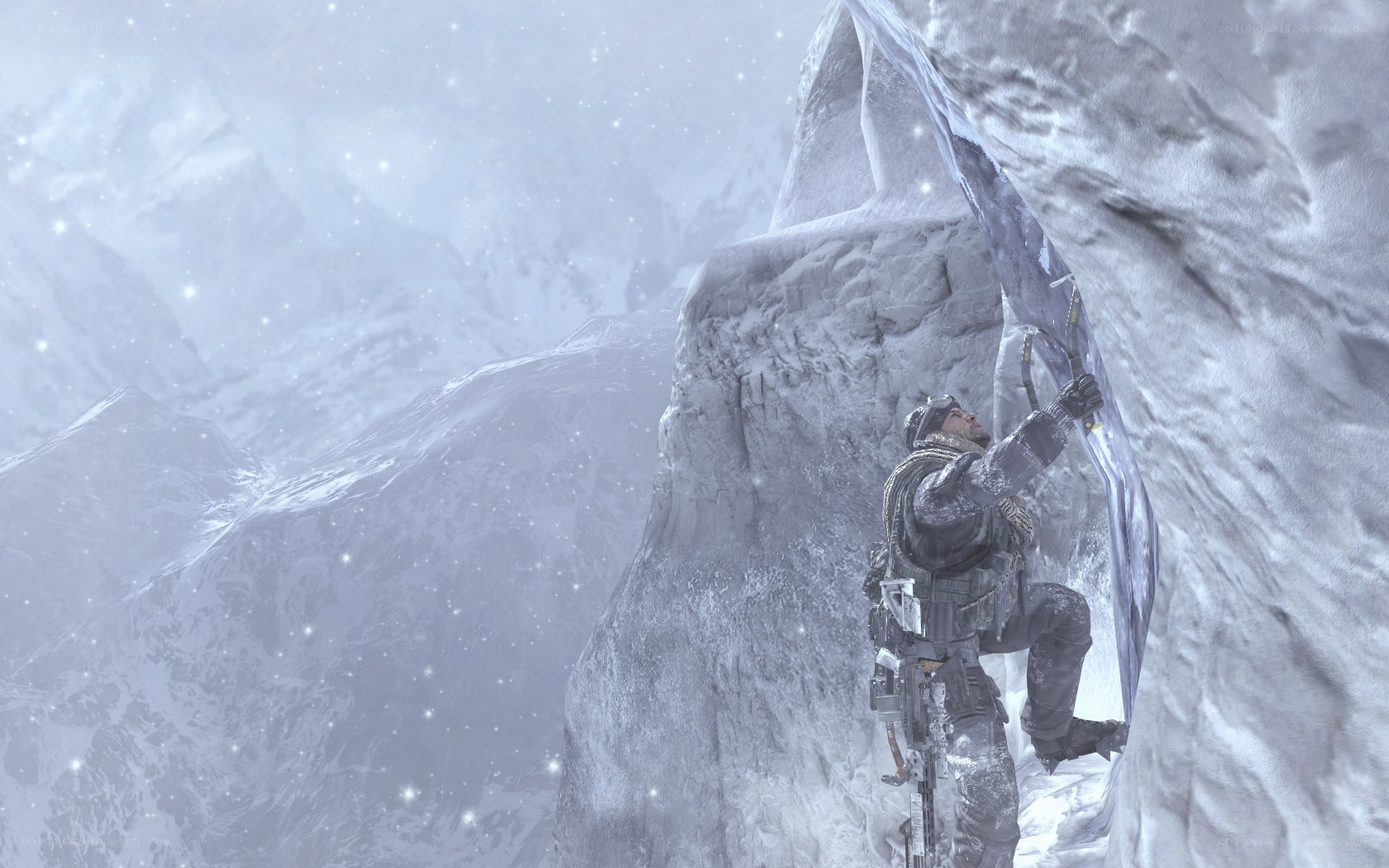 soldier climbing icy cliff