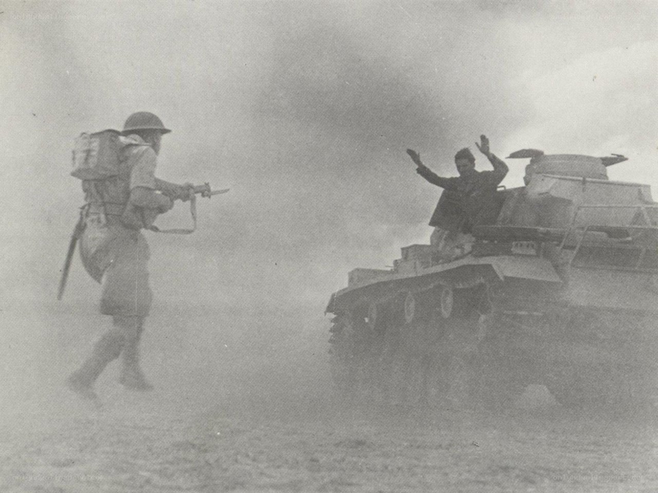 Soldier confronting tank