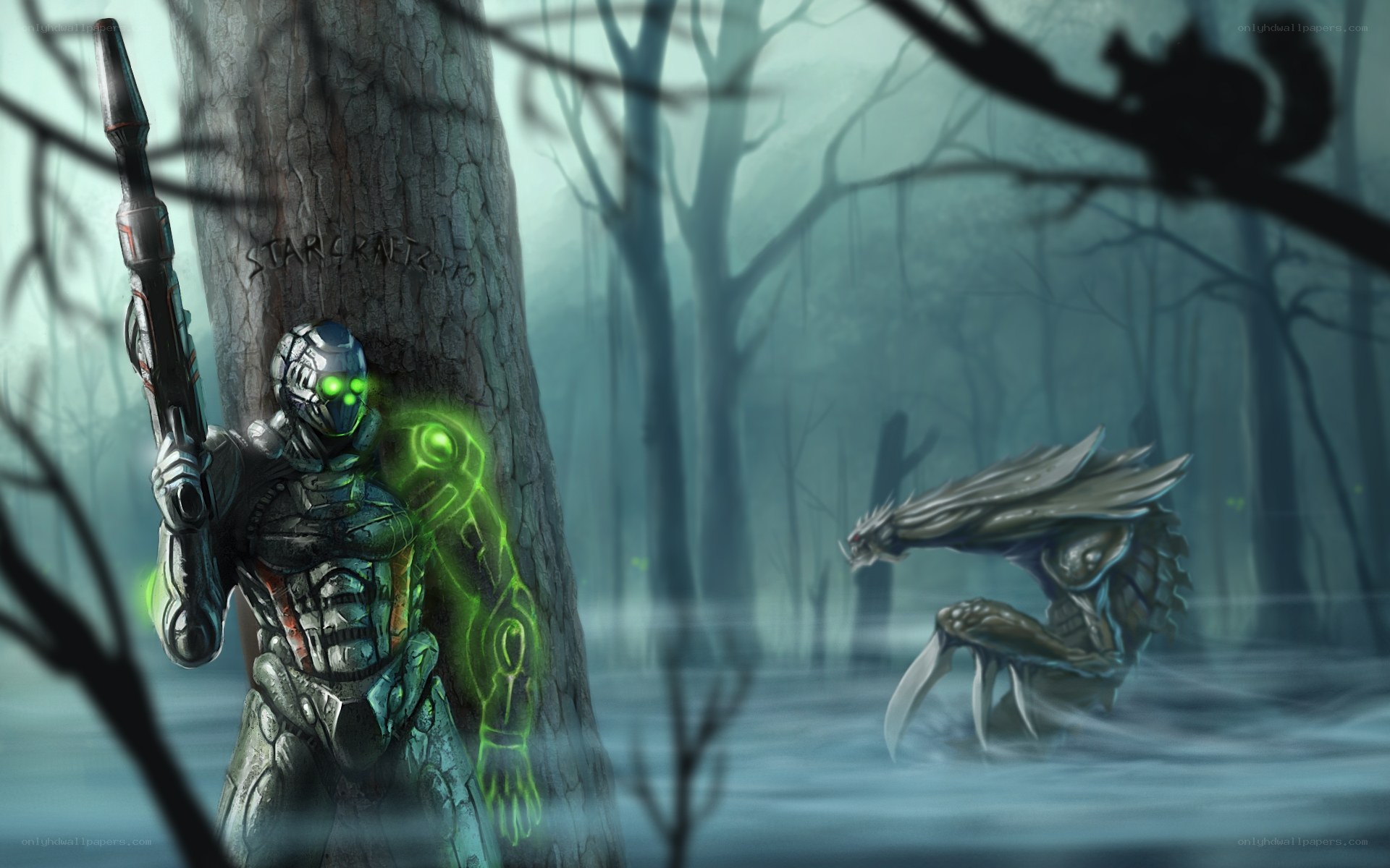soldier confronts alien in swamp
