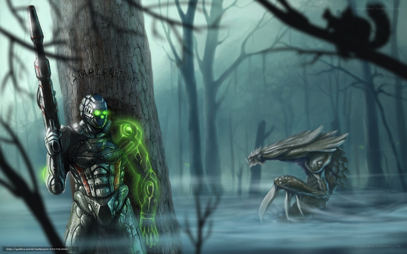 soldier confronts alien in swamp