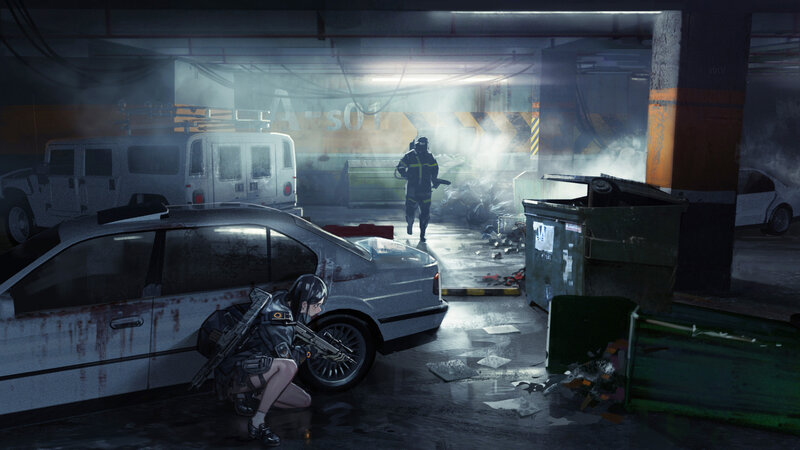 Soldier Crouching Behind Car — Gray