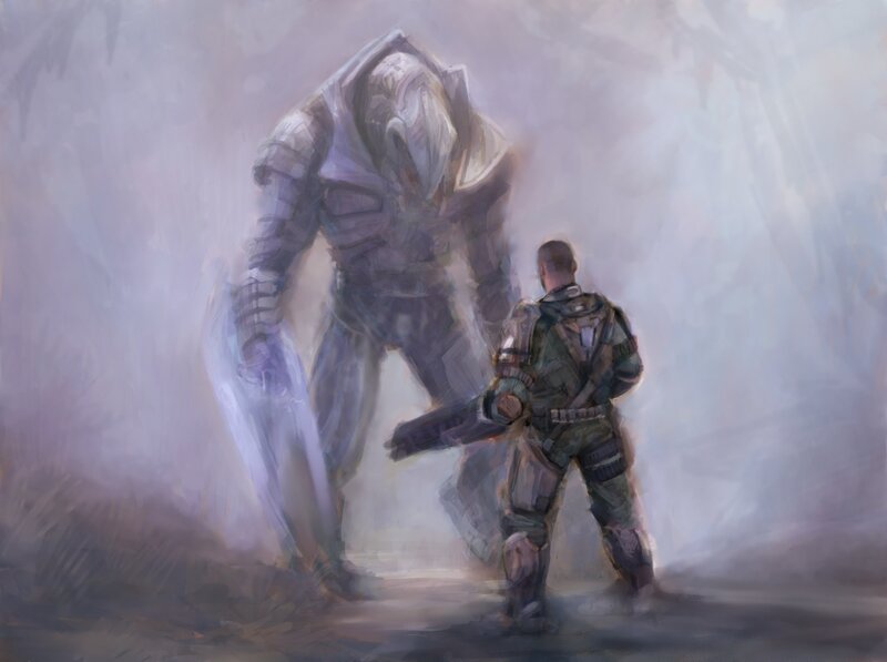 soldier facing a giant enemy