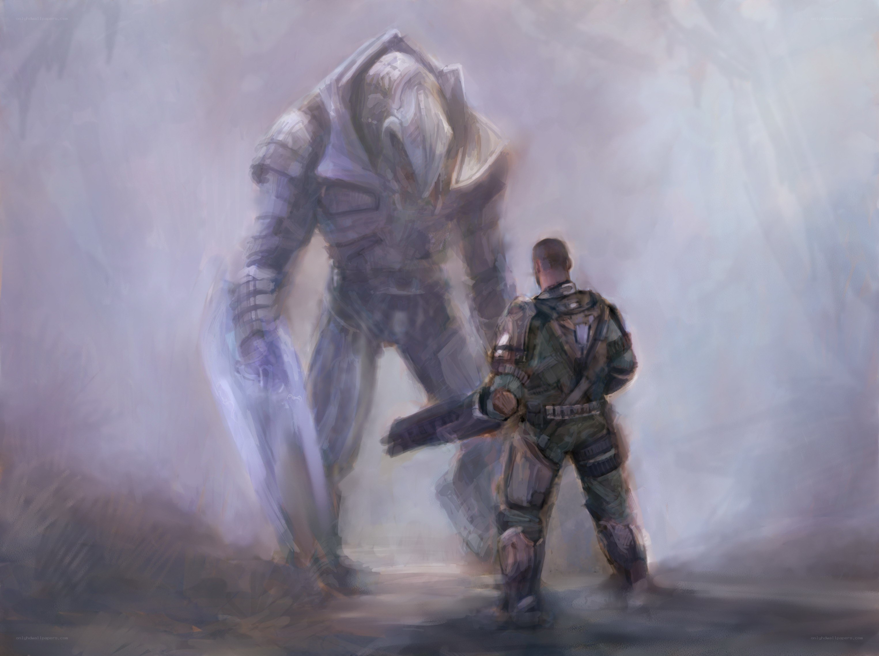 soldier facing a giant enemy
