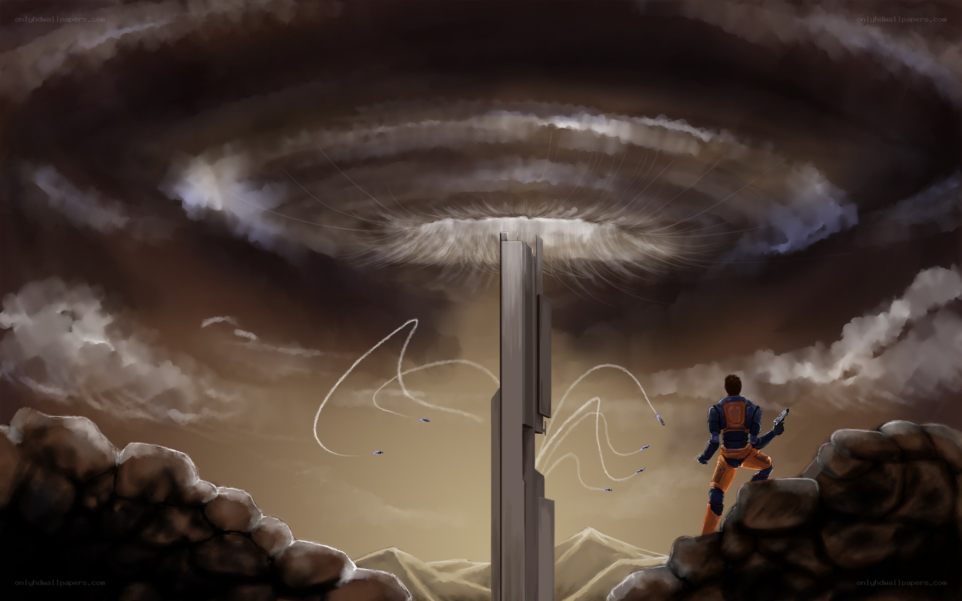 Soldier facing a storm portal