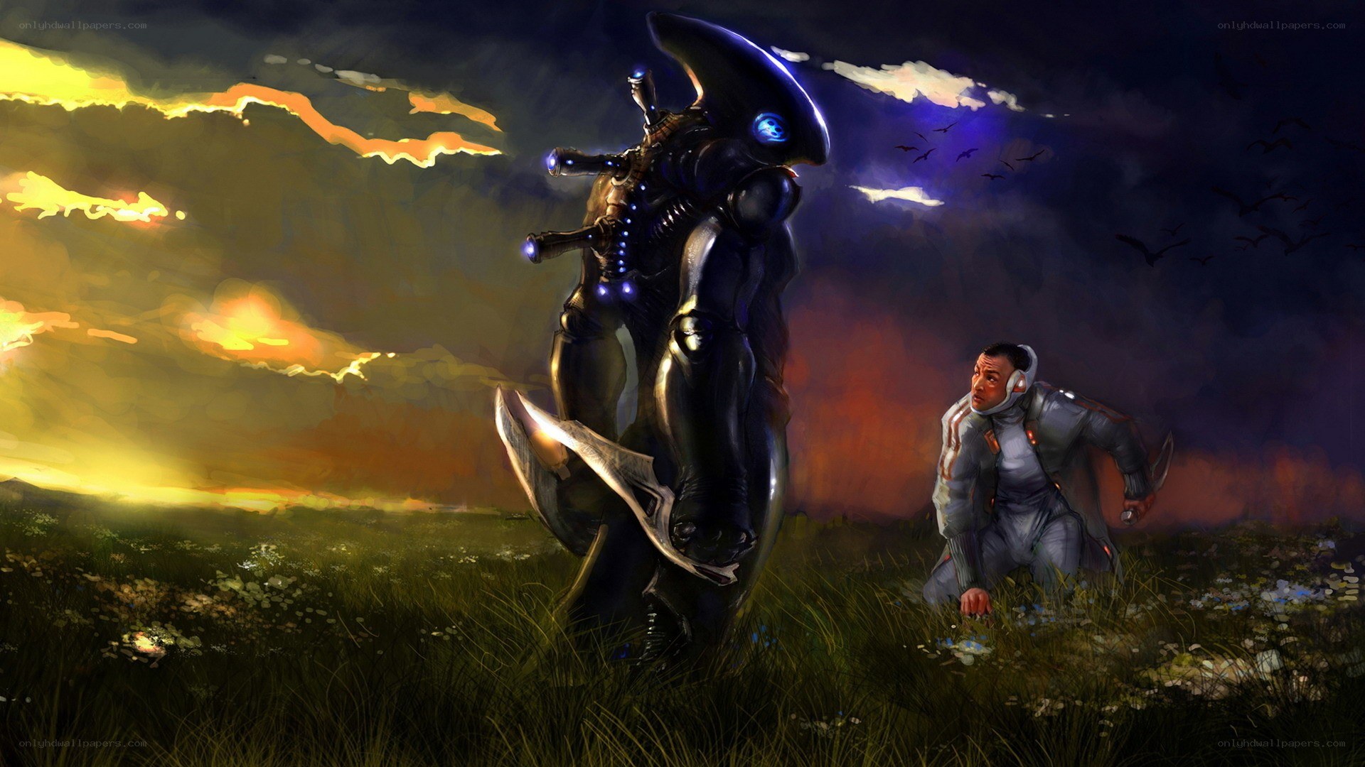 Soldier facing alien warrior