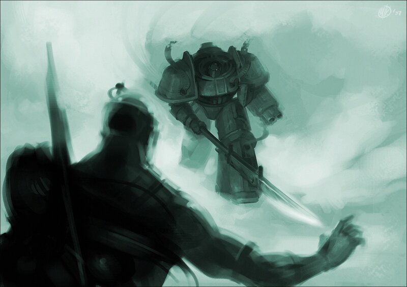 soldier facing armored warrior