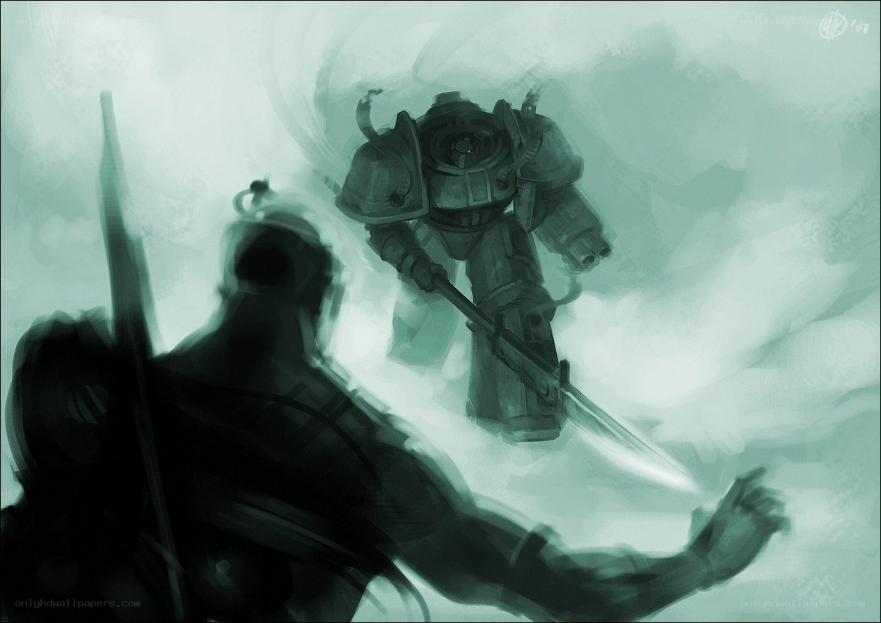 soldier facing armored warrior