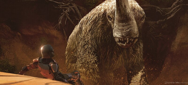 Soldier Facing Giant Beast — Brown