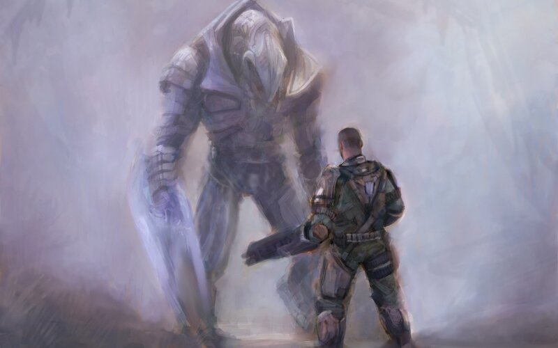 soldier facing giant creature
