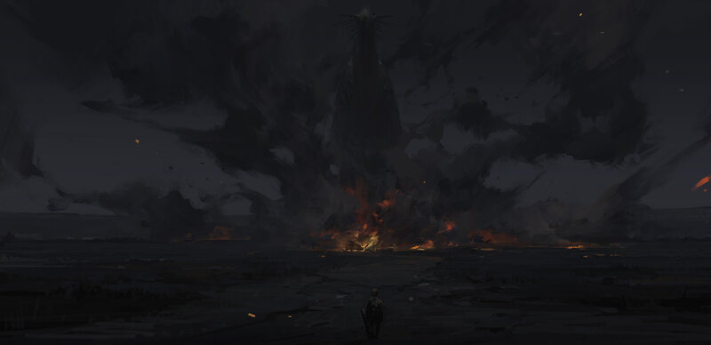 Soldier Facing Giant Monster — Black, Dramatic