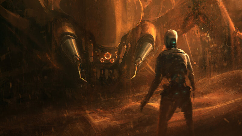 Soldier Facing Giant Robot — Orange, Dramatic