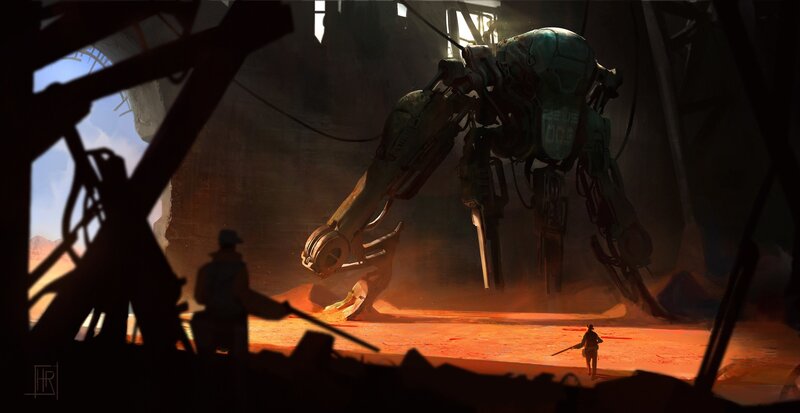 Soldier Facing Giant Robot — Orange