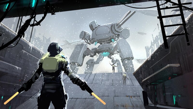 soldier facing giant robot