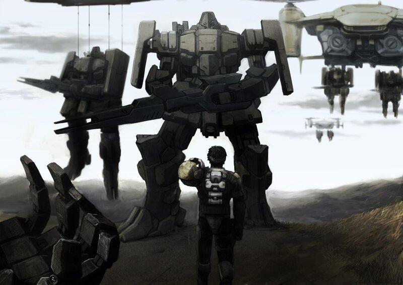Soldier facing giant robots