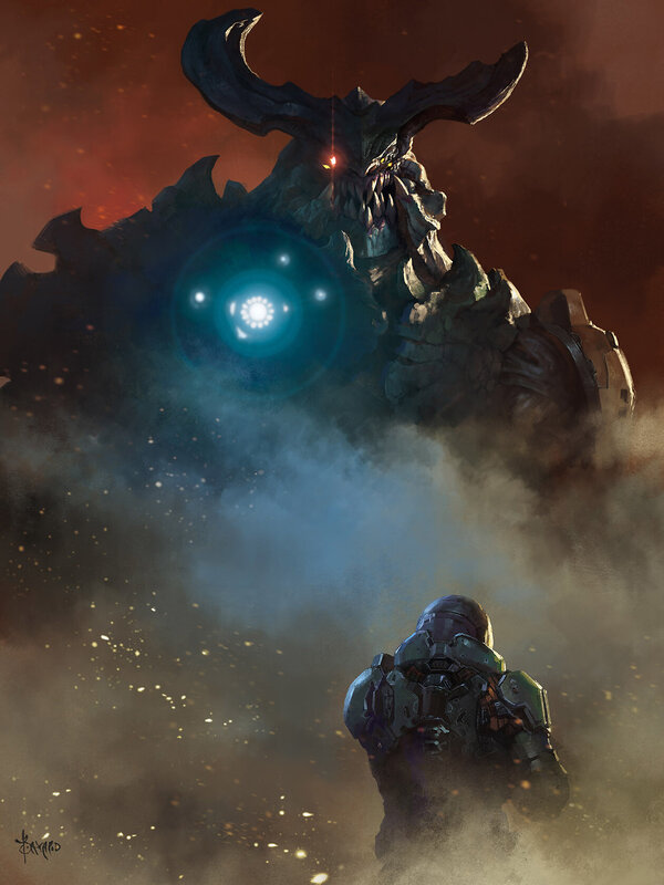 Soldier Facing Monster — Brown, Dramatic, Digital Art