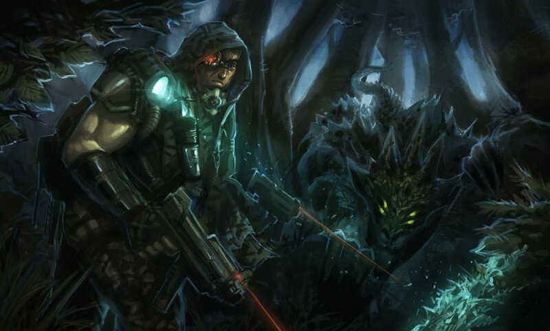 Soldier Facing Monster — Green