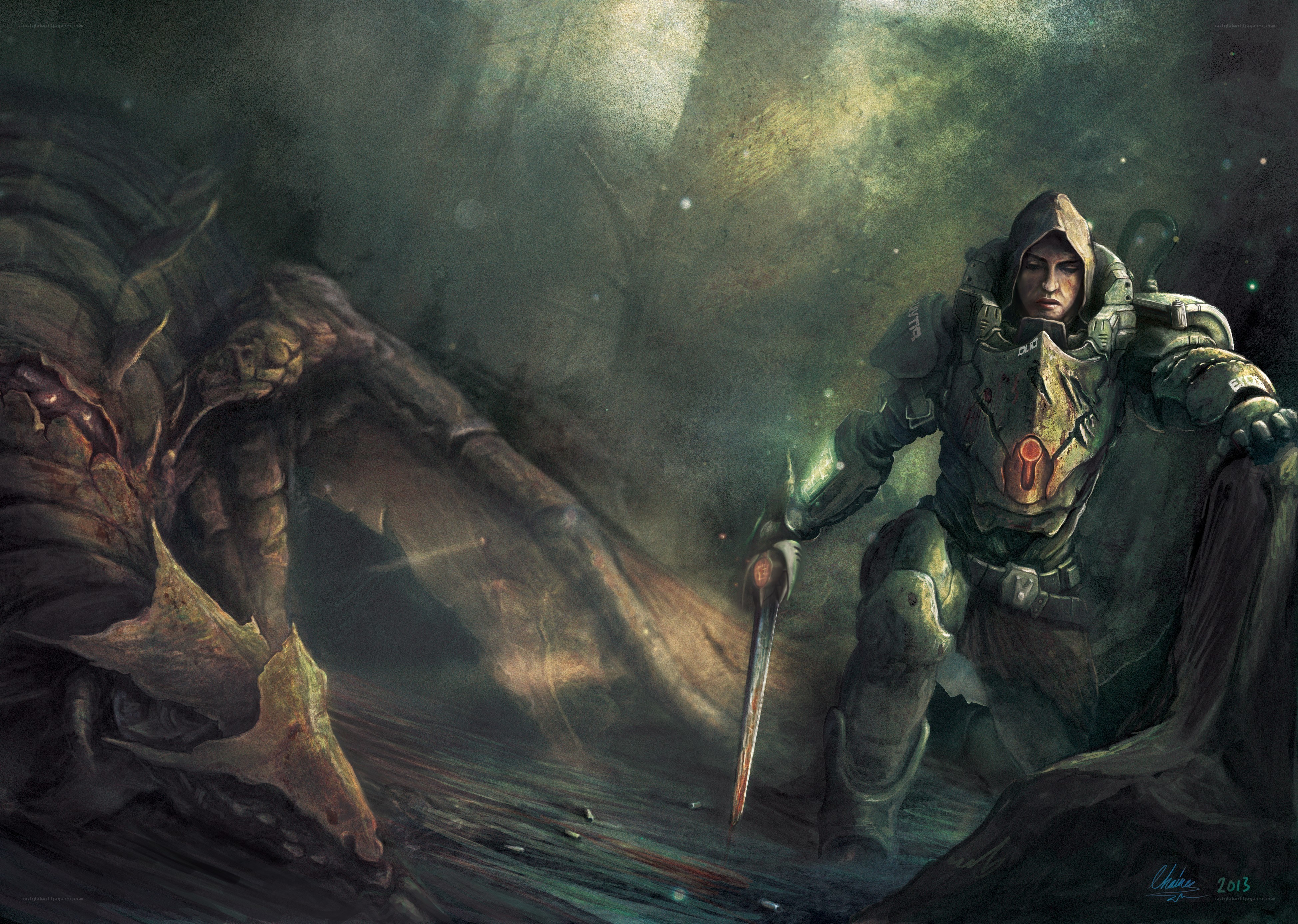 soldier facing monstrous creature