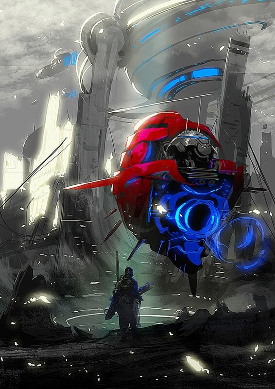 Soldier Facing Robot — Red, Dramatic, Digital Art