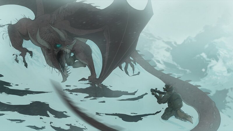 Soldier Fighting Dragon — Gray