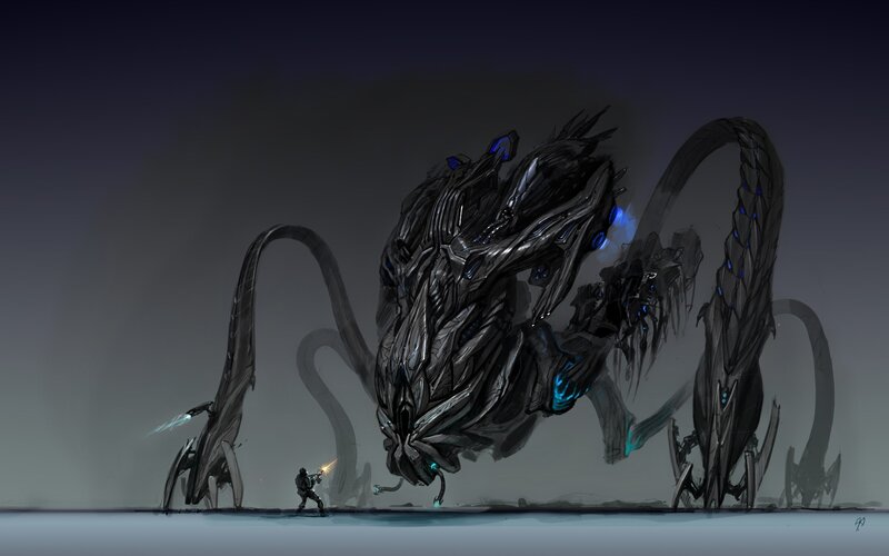 Soldier Fighting Giant Creature — Black