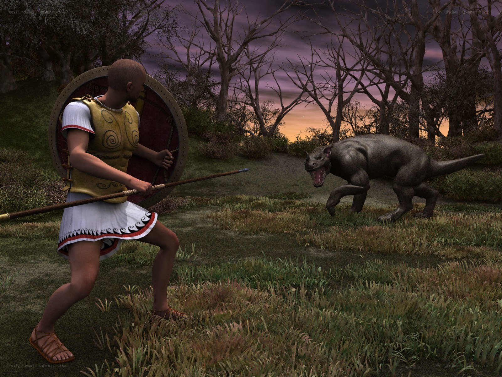 soldier fights prehistoric beast