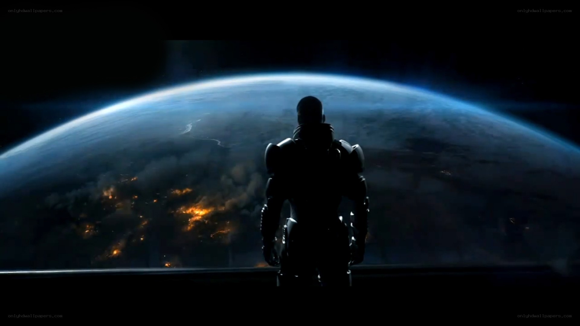 soldier gazes at burning planet
