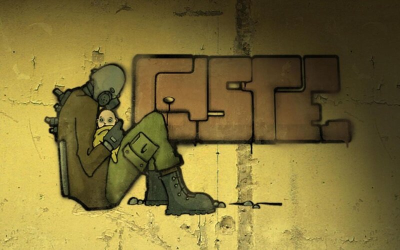 Soldier Holding Baby — Yellow, Dramatic, Digital Art