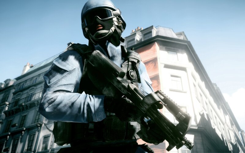 Soldier Holding Rifle — Blue, Dramatic, Afternoon