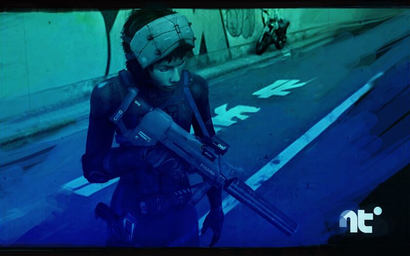 Soldier Holding Rifle — Blue, Dramatic, Night, Digital Art, Motorcycle, Graffiti, Green