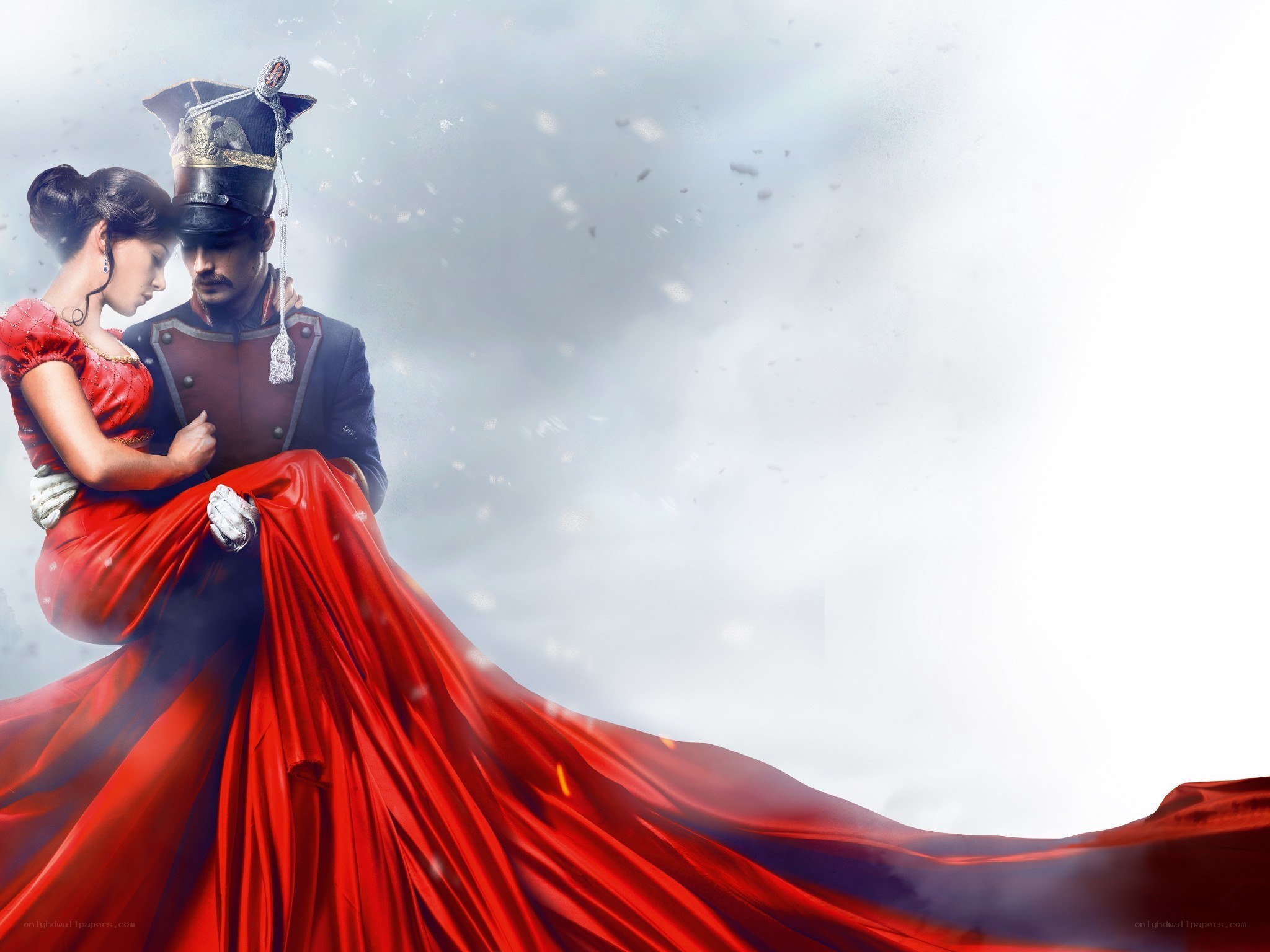 Soldier holding woman in red dress
