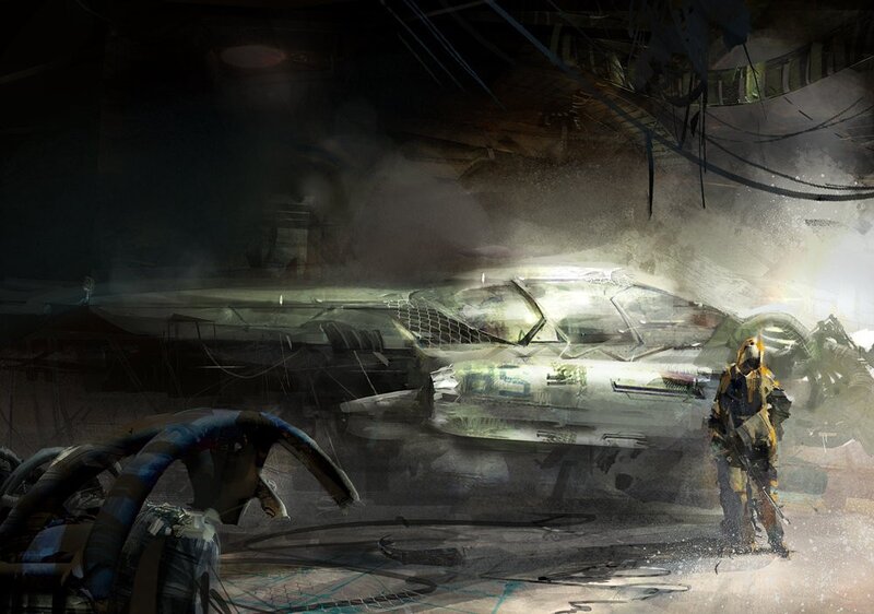 soldier in a crashed ship hangar