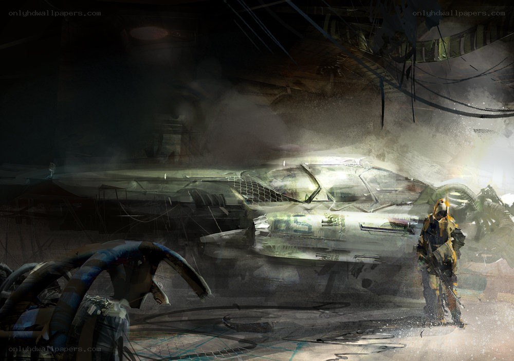 soldier in a crashed ship hangar