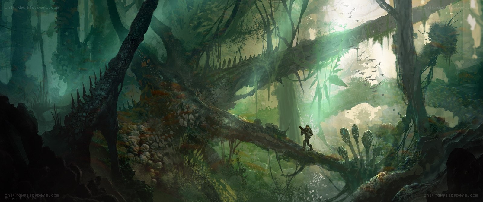 soldier in a dense alien jungle