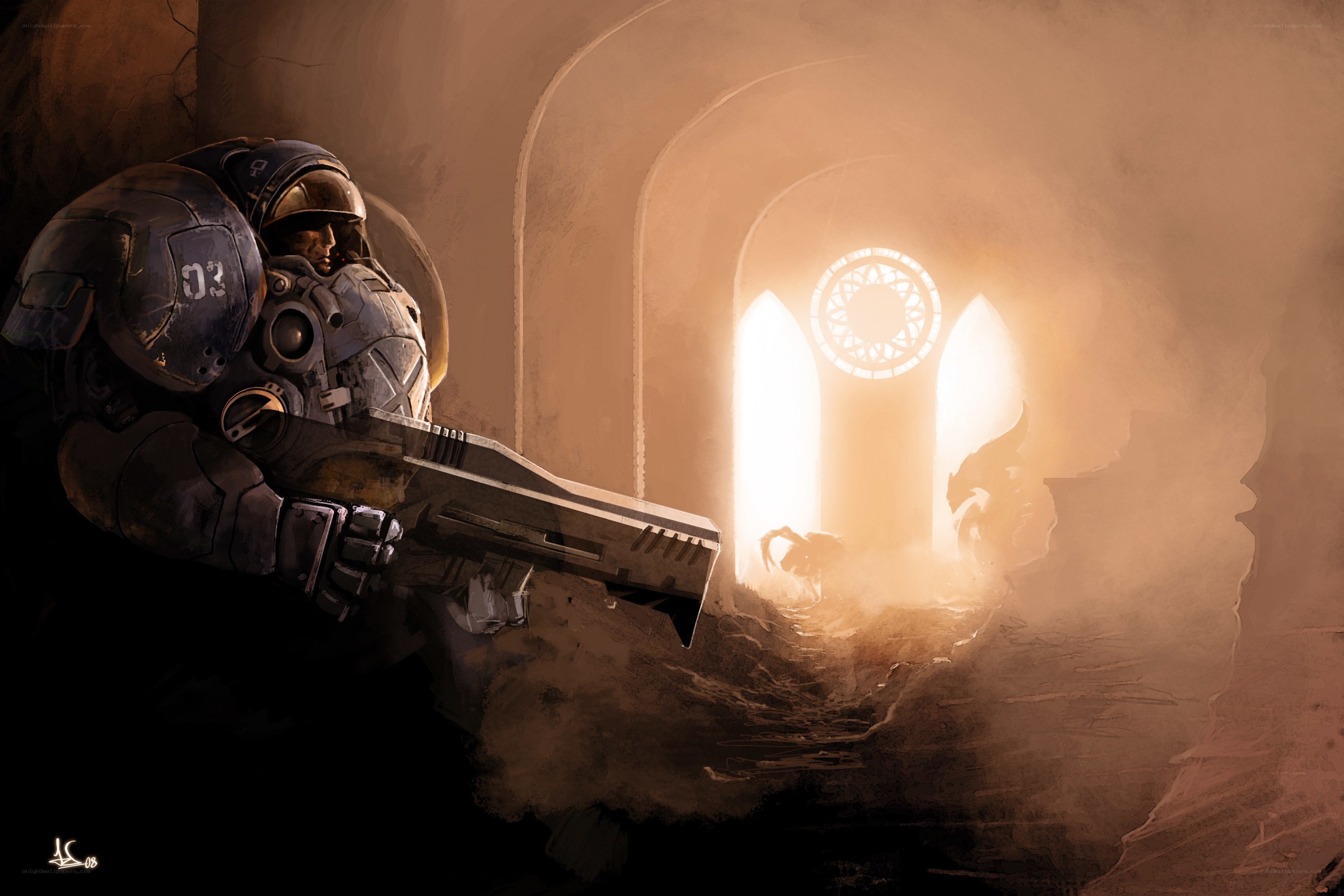 soldier in a dim corridor