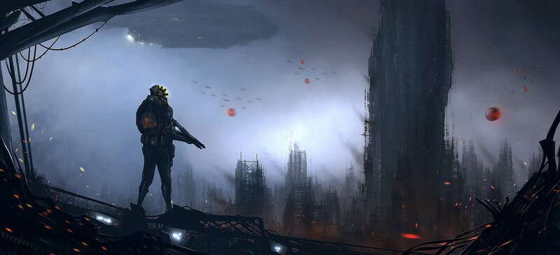 soldier in a dystopian city