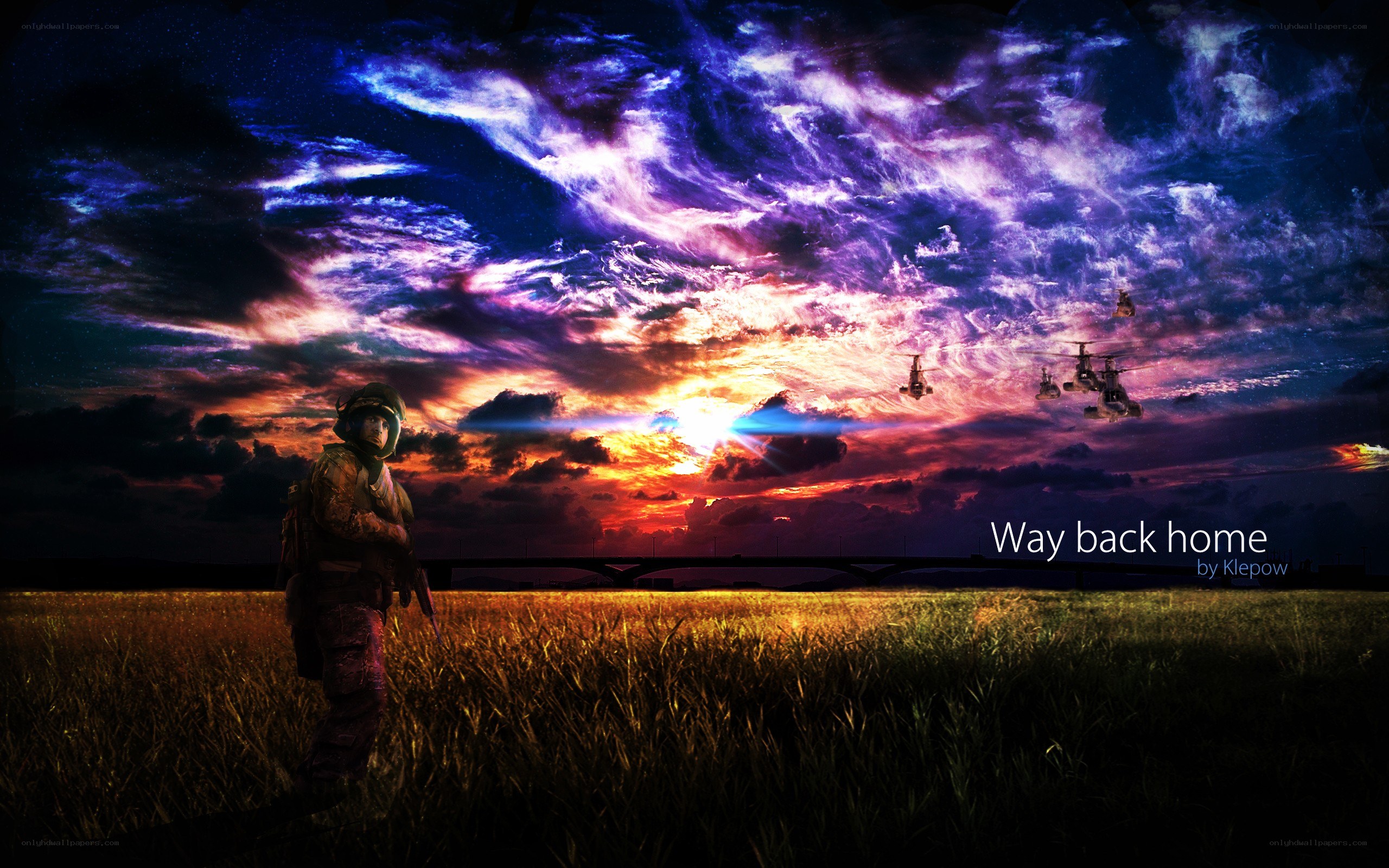 Soldier in a field at sunset