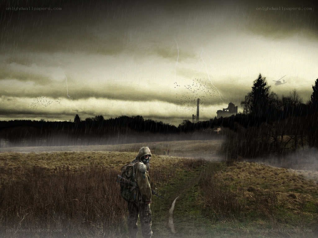 Soldier in a post-apocalyptic landscape