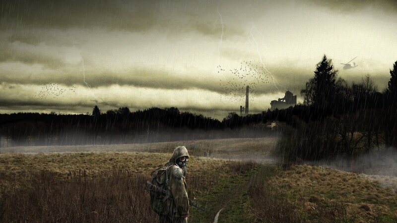 Soldier in a post-apocalyptic landscape