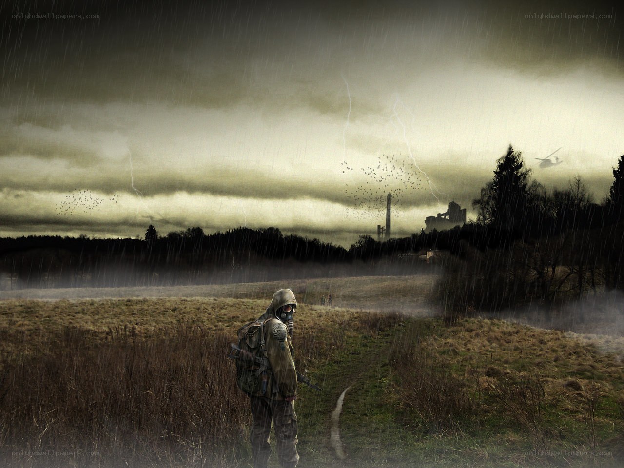 Soldier in a post-apocalyptic landscape