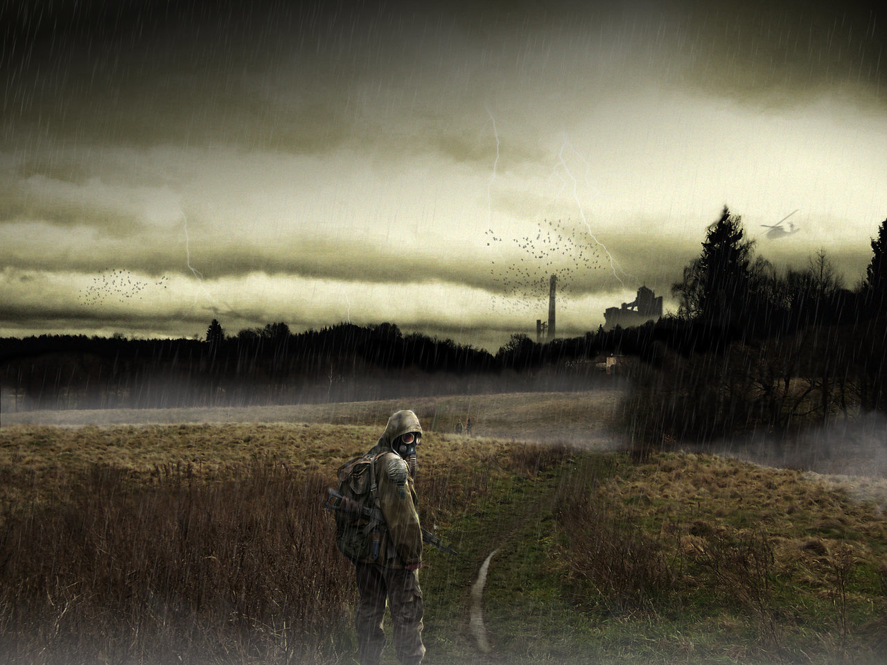 Soldier in a post-apocalyptic landscape