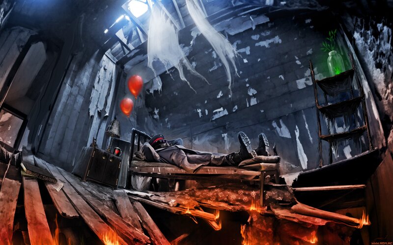 Soldier in a ruined room