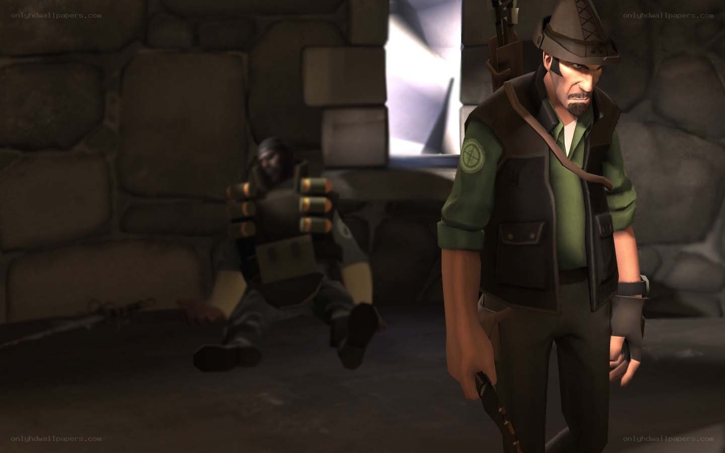 Soldier in a stone corridor