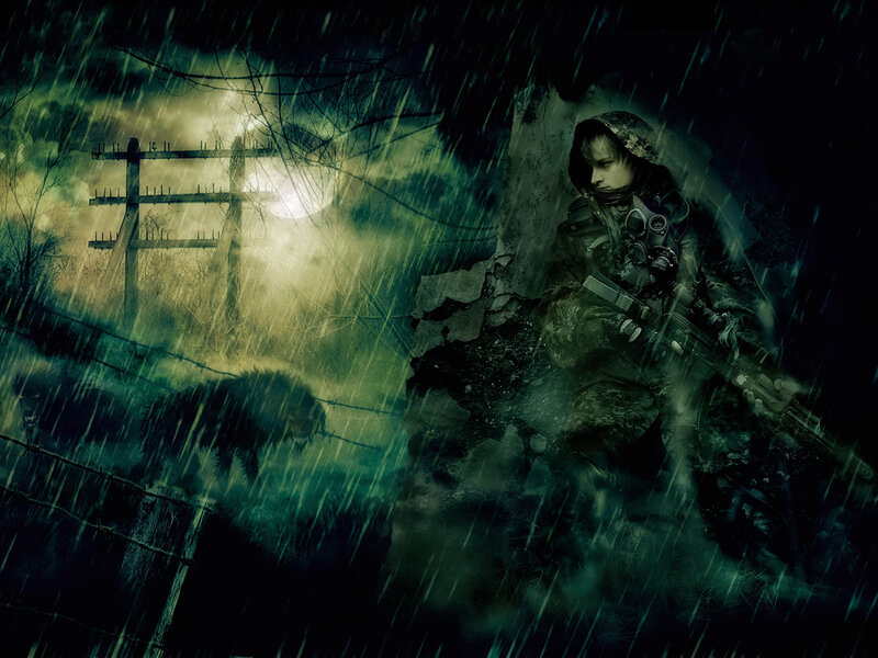 Soldier in a stormy wasteland