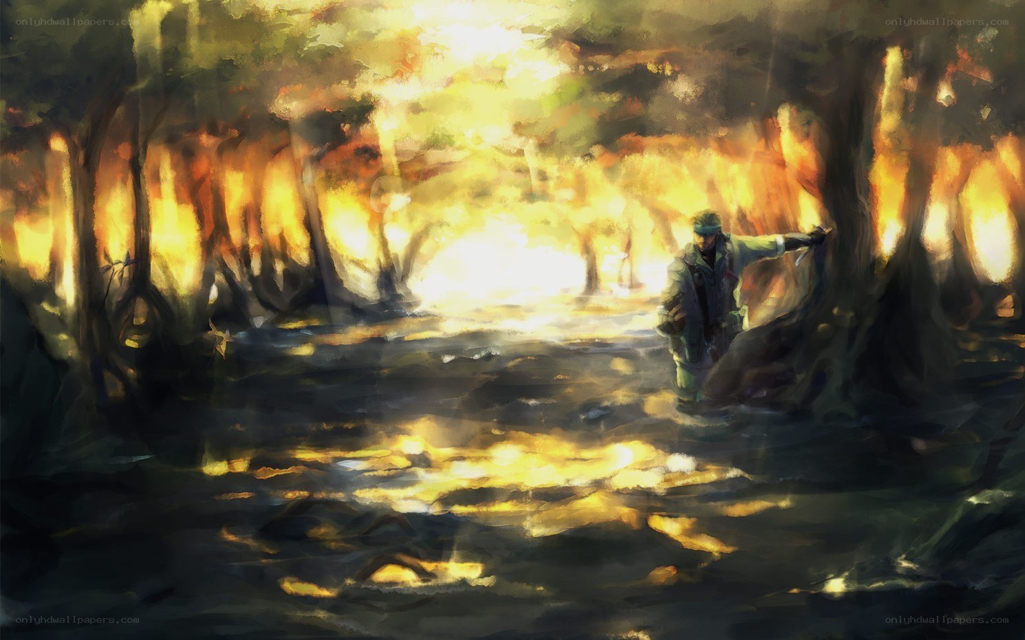 Soldier in a swamp at sunset