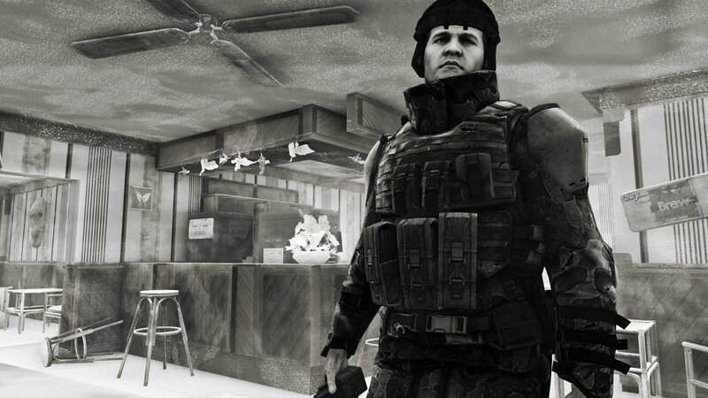 soldier in abandoned diner
