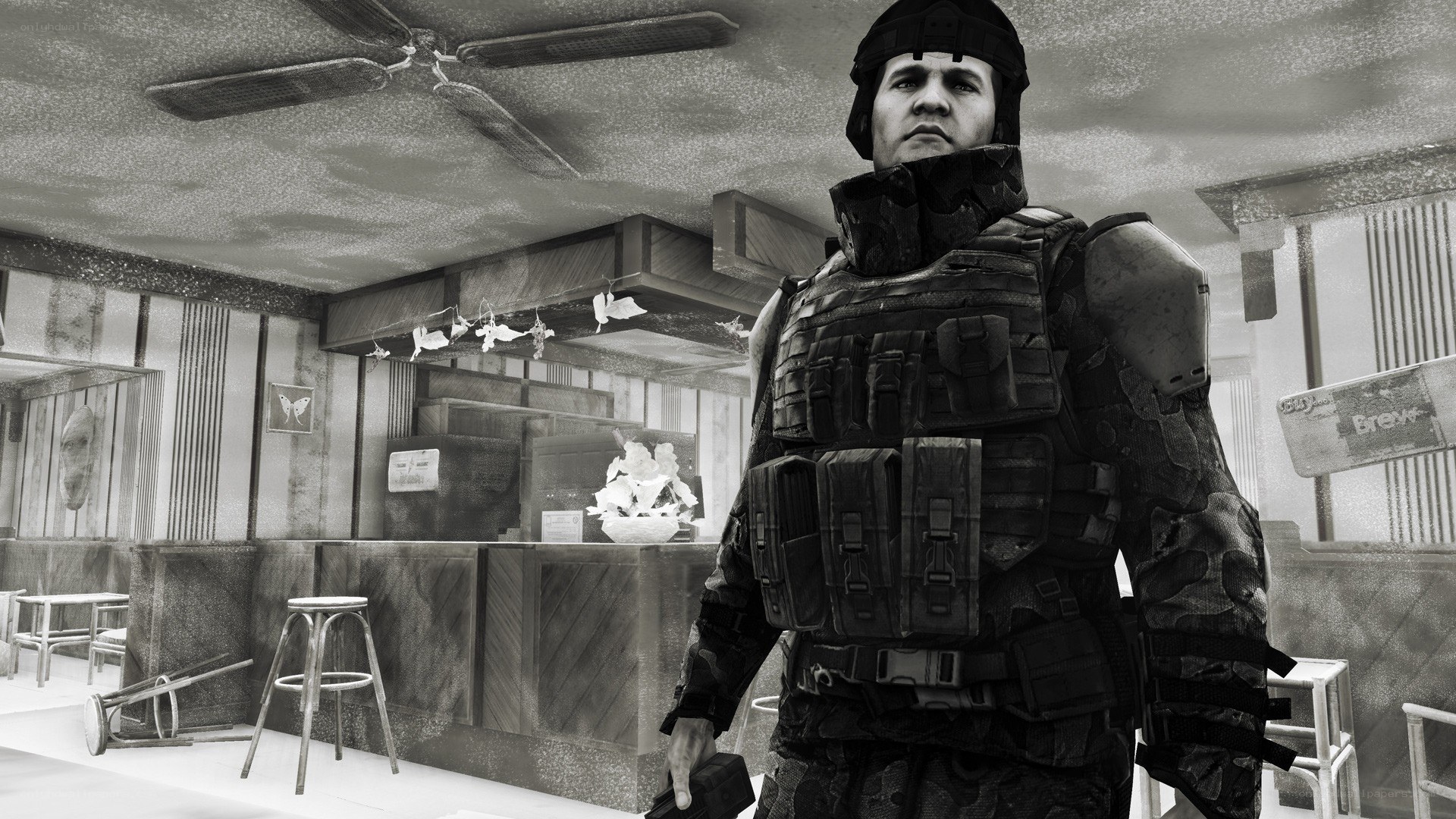 soldier in abandoned diner